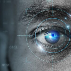 Retinal biometrics technology with man’s eye digital remix